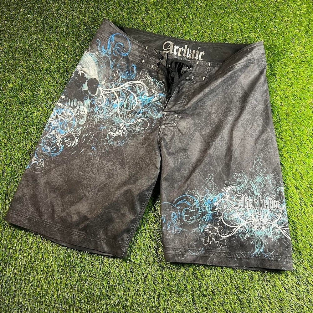 Y2K Archaic Skull Board Shorts Black Blue Gothic Grunge Mens 34 Surf Swim Beach